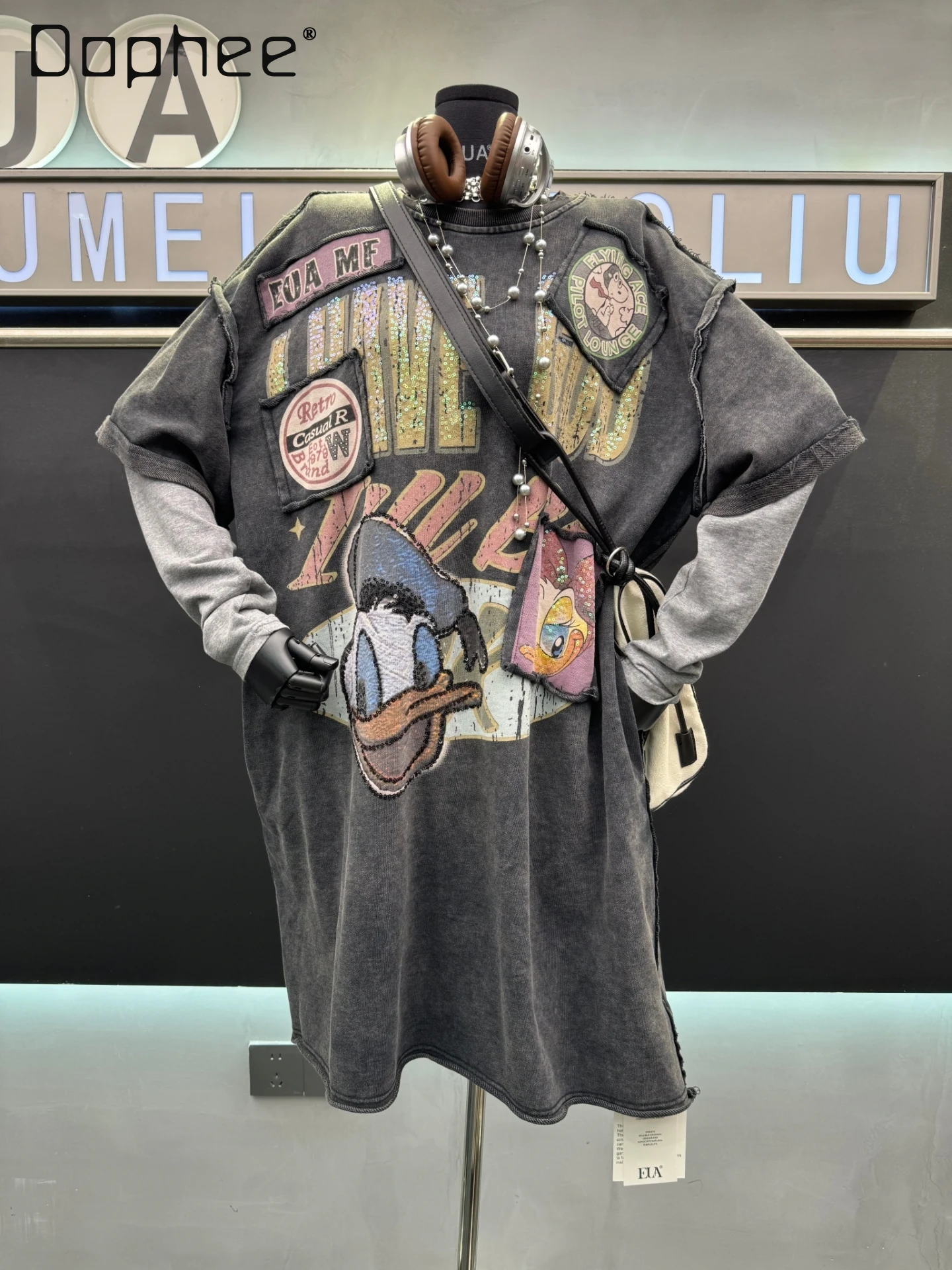 

European Style Print Loose Casual Sweatshirt 2025 Autumn New Mid-Length Oversized Colorful Cartoon Long Sleeve Sweatshirt Women
