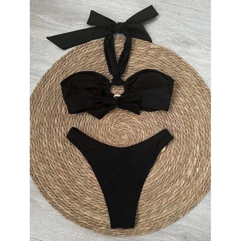 JEWELRY SEN Women Solid Black Halter‑Bandeau Bikini Set 2‑Piece Gold O‑Ring Cut‑Out High‑Cut Summer Beach Bathing Suit
