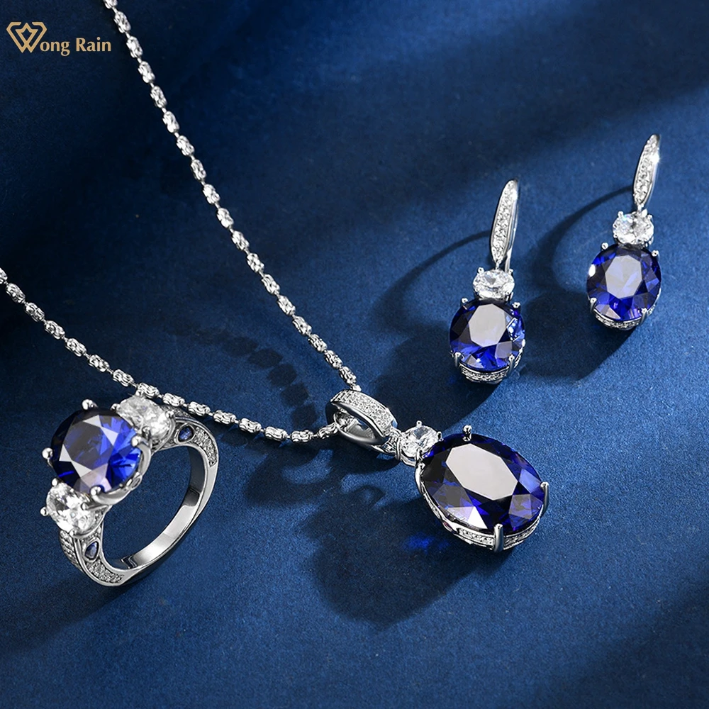 

Wong Rain Classic 925 Sterling Silver Oval Cut Sapphire High Carbon Diamond Gems Pendant/Necklace/Earrings/Rings Jewelry Sets