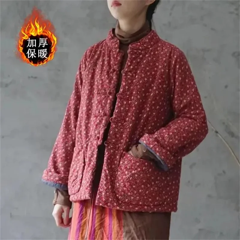 Retro Button up Floral Long Sleeved Cotton Jacket For Autumn and Winter 2024 Loose and Slimming Thickened and Warm Cotton Jacket