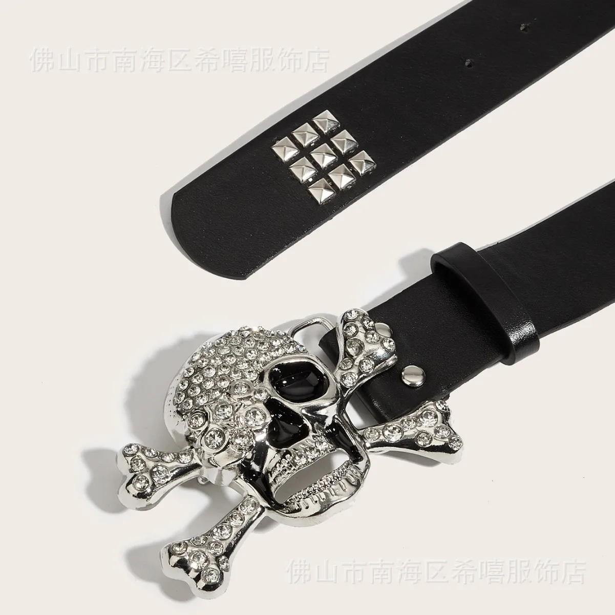 Y2K Punk Diamond Skeleton Cross Buckle Belt, Multiple Rows Pyramid Nails, Adjustable Gothic Rock Waist Belt for Men Women
