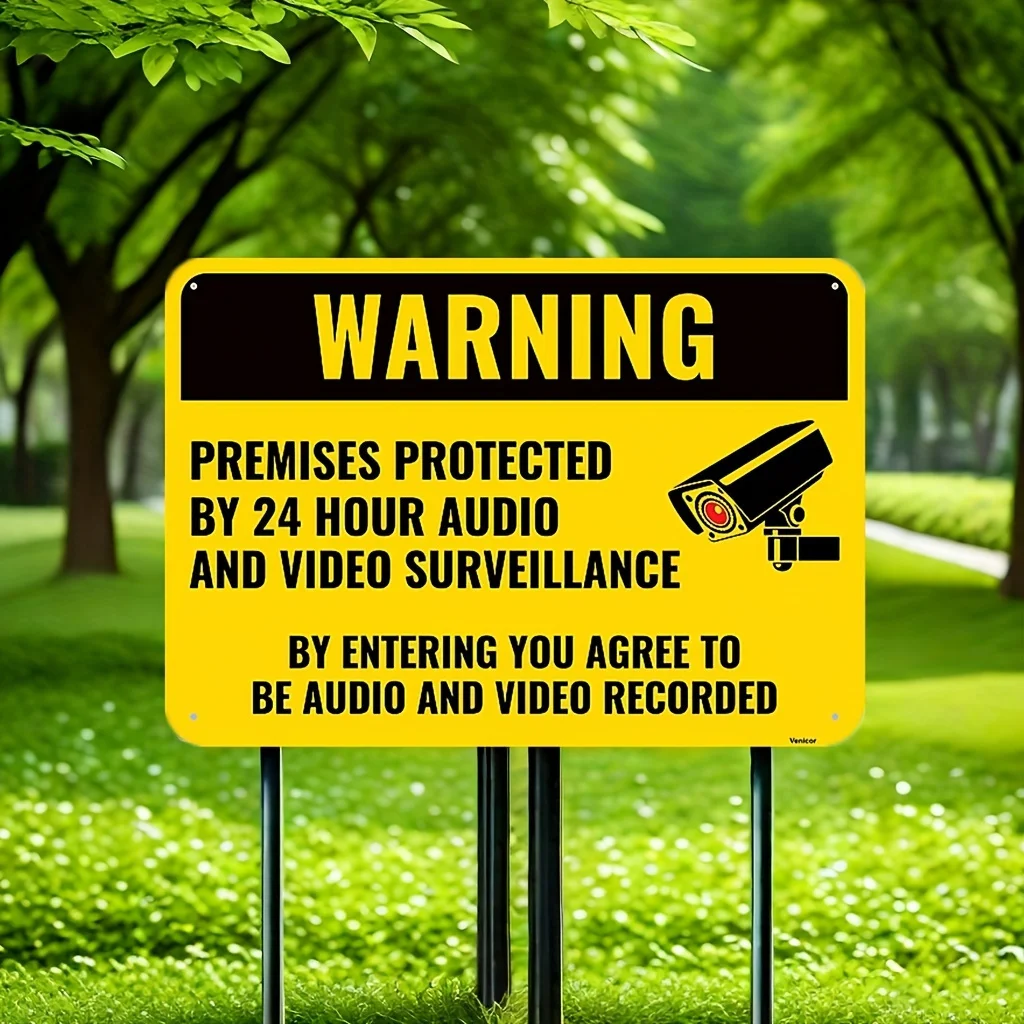 24/7 Audio & Video Surveillance Warning Sign - Wall-Mounted Metal Security Notice with Camera Icon - Yellow & Black Design for H