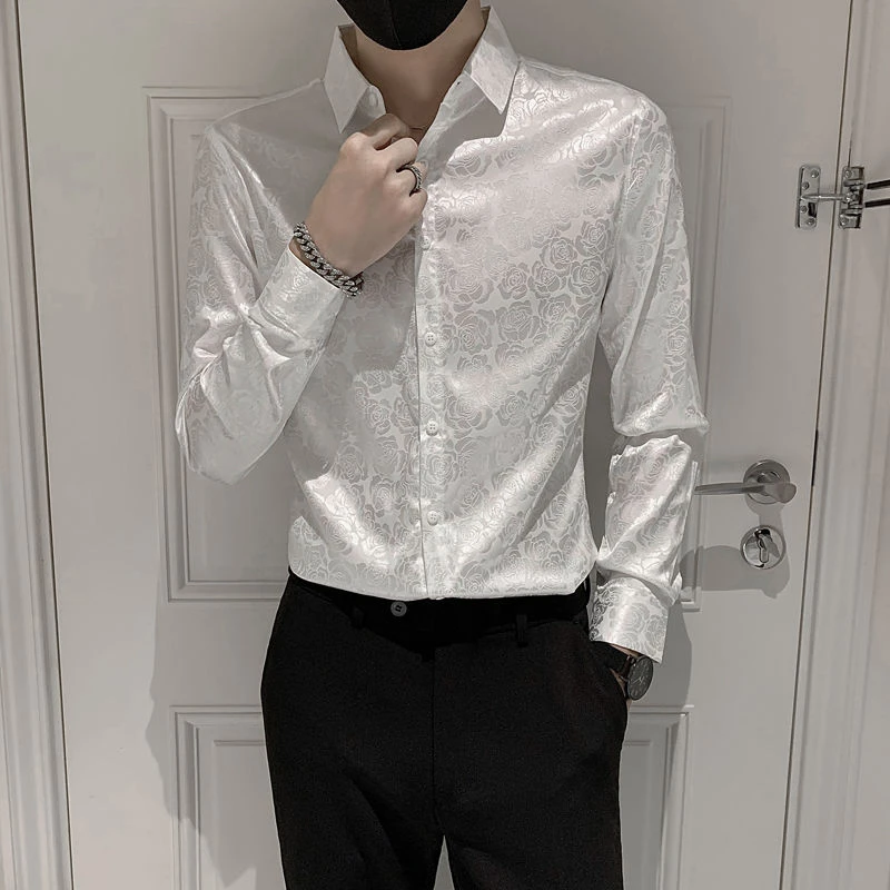 Dot Clothing Long Sleeve Shirts Blouses Men Floral Printed Man Tops Vintage Korean Style Cool Elegant Comfortable Silk JJ1225