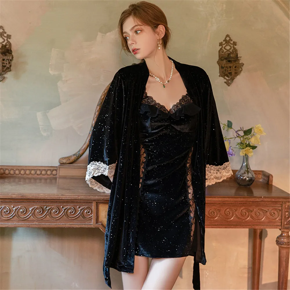 

Sexy Velvet Sleepwear Women Autumn Winter Gold Velour Lace Backless Suspended Nightdress Nighty&Robe Set Nightwear