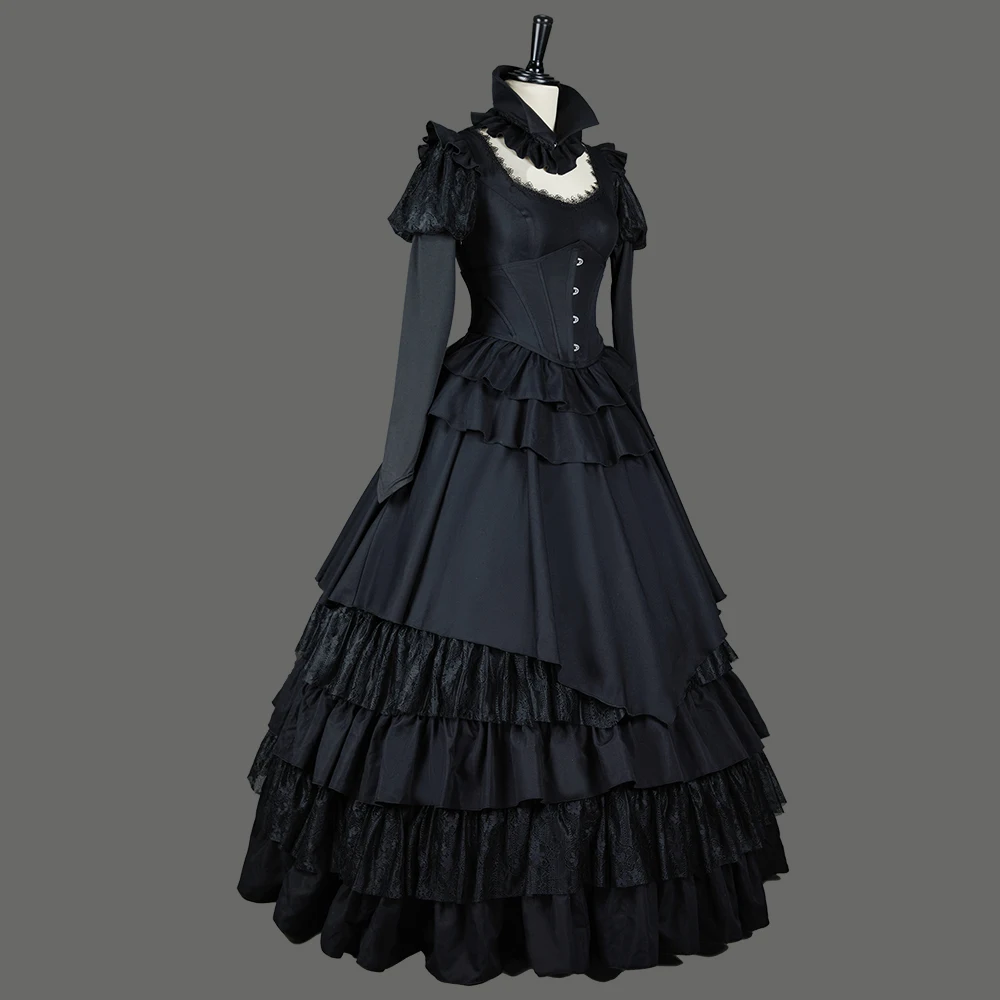 MEOWCOS Women Romance Victorian Gothic Black Dress Vintage Court Style Multi Layered Dress with Collar and Corset