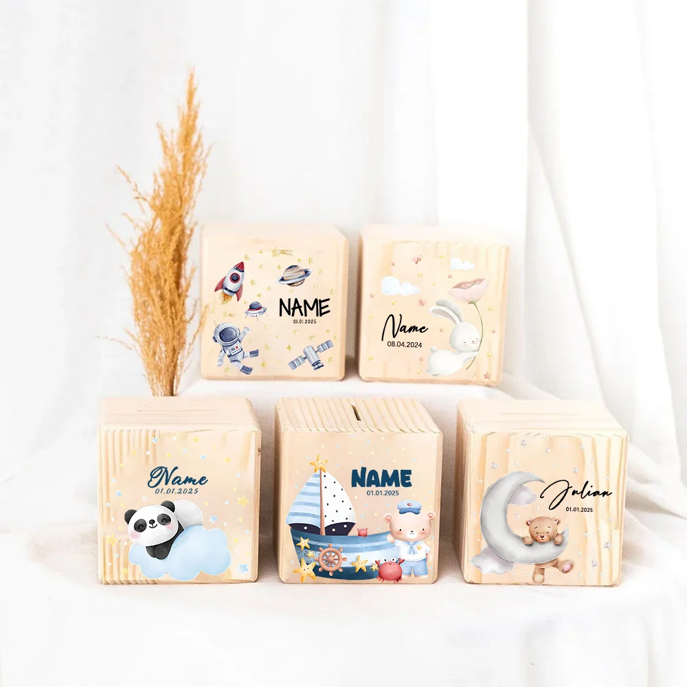 Tirelire en bois avec nom pour enfants, tirelire animaux de la forêt, cadeau de baptême, décoration de chambre d'enfant, cadeaux pour bébé