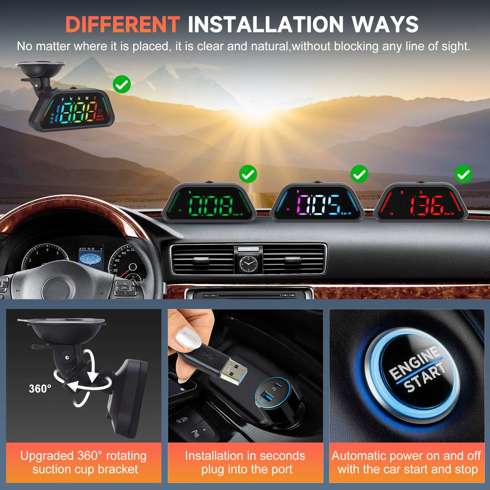 Universelle Anzeigemodi & Vielfältige Farben Echtzeit-MPH-KM/H-Umwandlung Verbesserter GPS-Auto-HUD-Tachometer für Alle Fahrzeuge 360°-Halterung – Detail 3