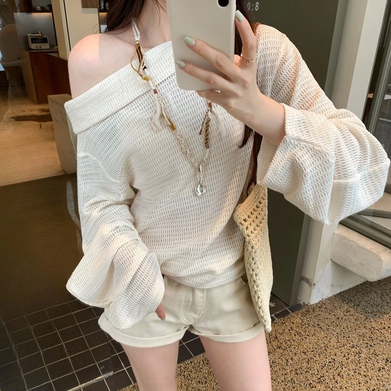 

2025 New Autumn Slash Neck Hollow Out Women's Sweater Long Sleeve One Shoulder Casual Loose Korean Knitted Pullover Female