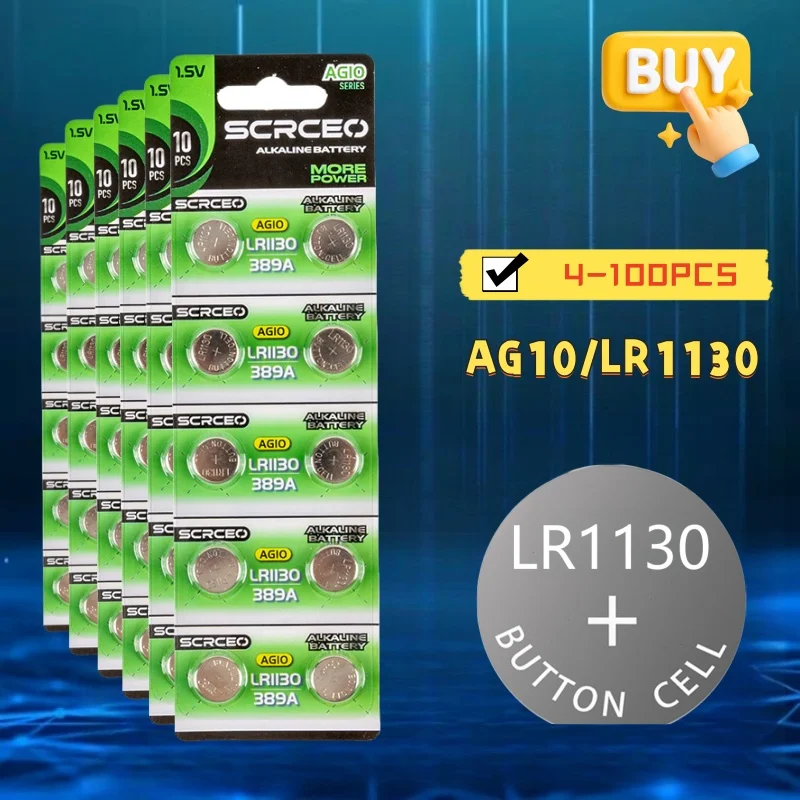 

4-100PCS AG10 LR1130 Batteries 389A LR1130 LR54 L1131 SR1130 High Capacity Button Cell Coin Battery for Watches Calculators