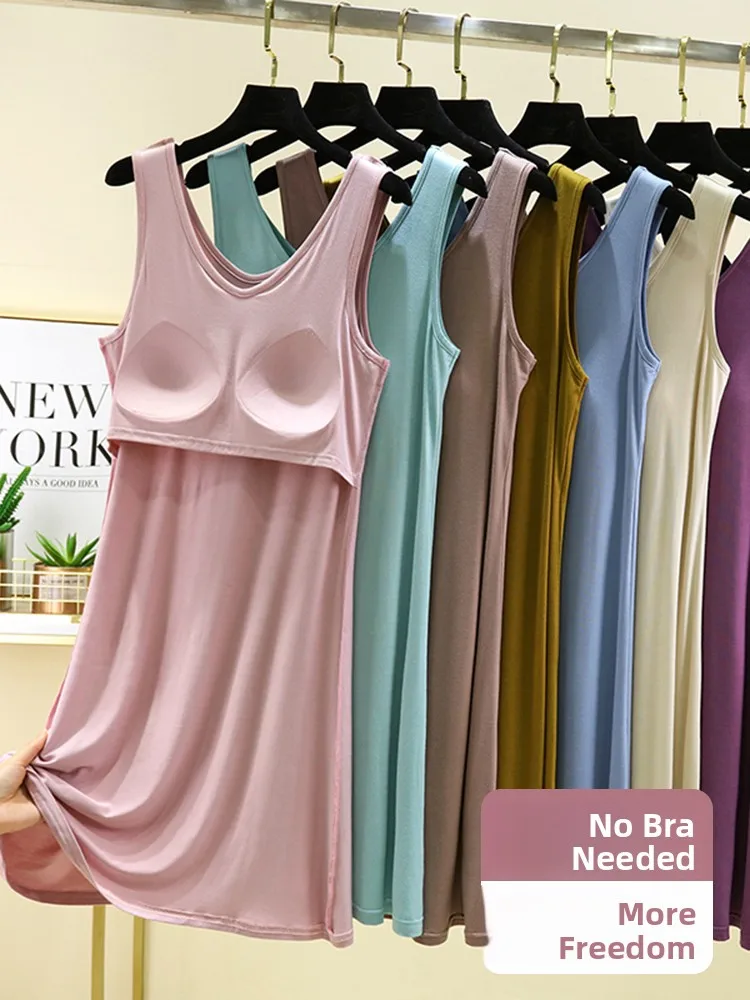

Modal Vest Dress Women Summer Thin Outerwear Large Size Pad Inner Long Slim V-neck Base Dress Comfortable Breathable Casual