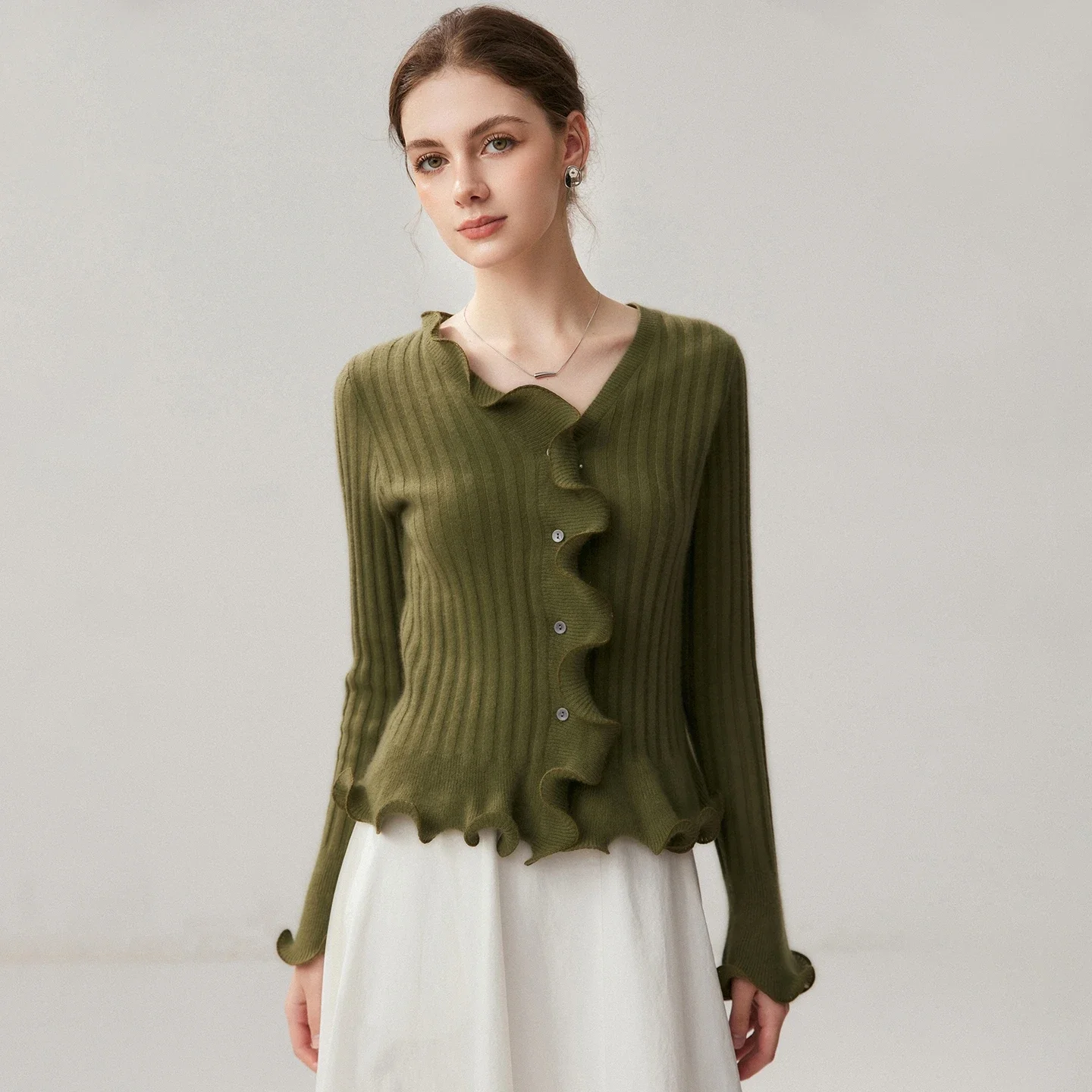 Autumn Winter Sweater Women's 100% Cashmere Sweater Cardigan V-Neck Clothes Knitted Wave Edged Flared Sleeve Korean Cardigan top