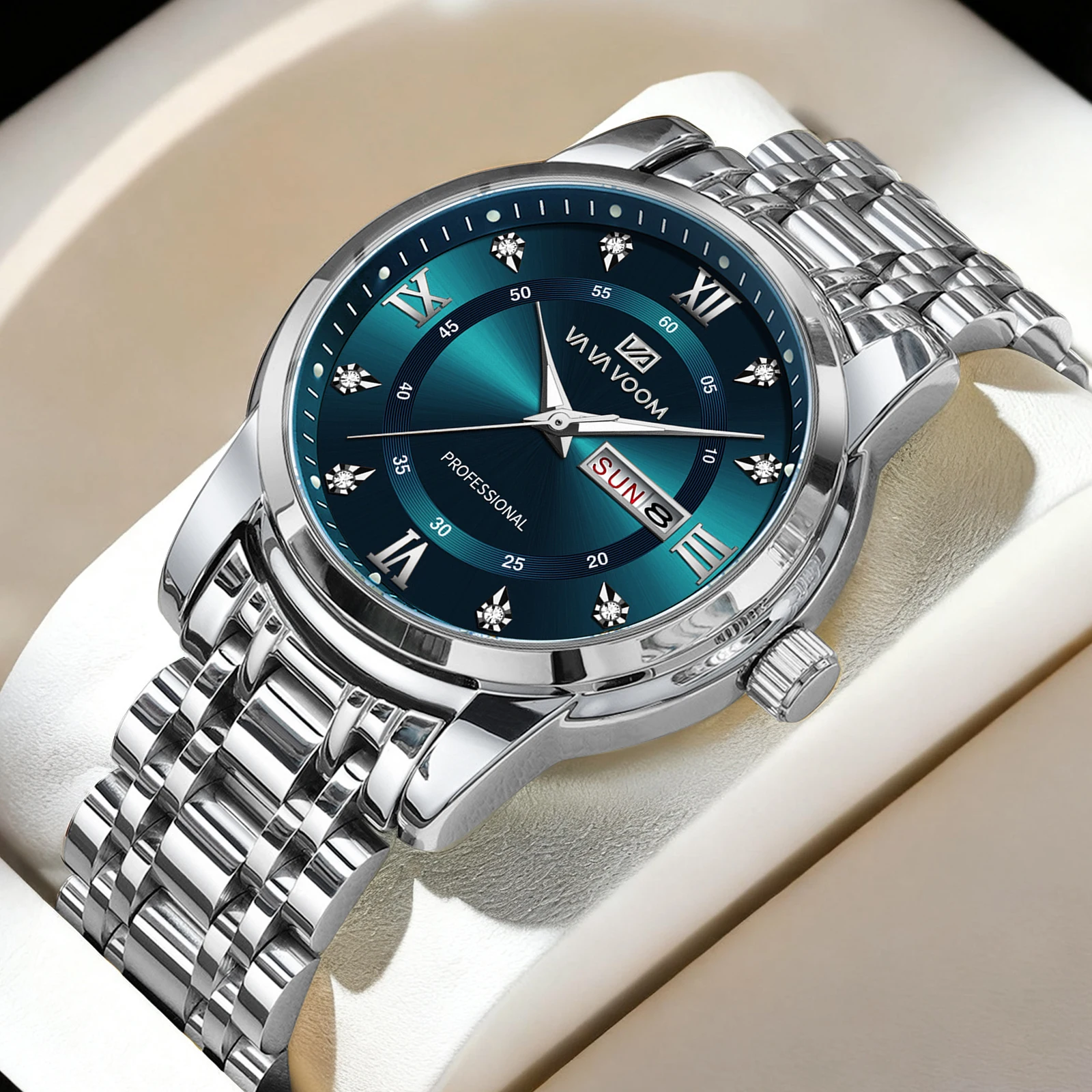 VA VA VOOM Luxury Watch Men Gold Blue Rhinestone 41mm Stainless Steel Business Original Quartz Movement Week Couple Men Watches