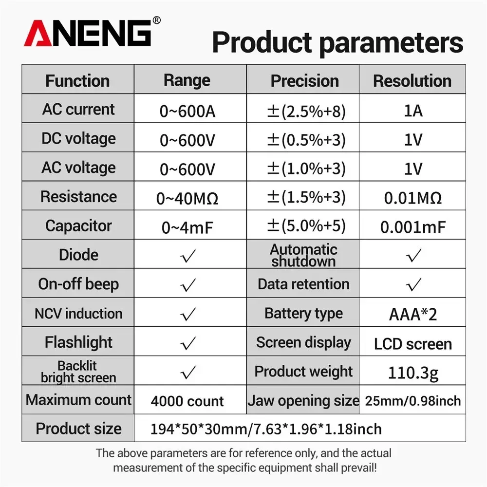 ANENG PN107 Clamp Meter Multimeter Digital AC Current Meter  600V AC Voltage True RMS 4000 Count Electrical Capacitance Ohm Test