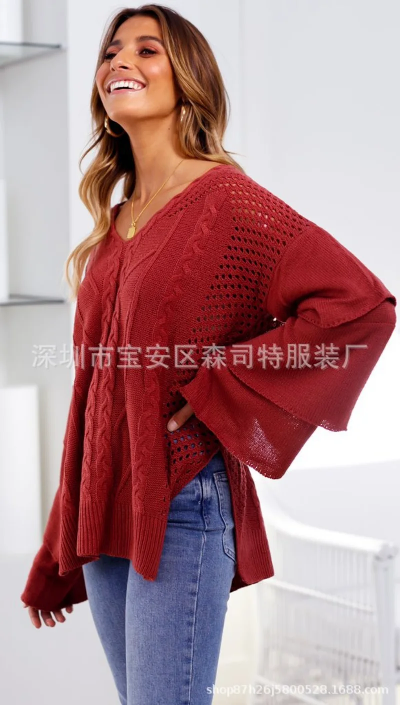 New Sweater Knitted Flared Sleevepullover Knitted Sweater Blouse of Hemp Pattern In Solid Color