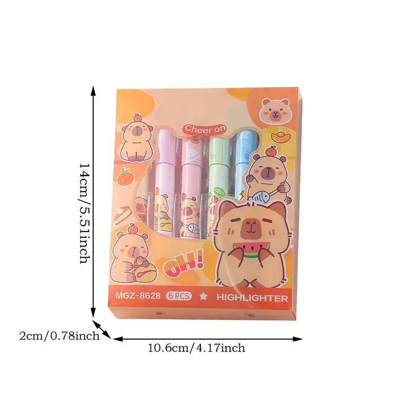 قلم تحديد كارتوني للأطفال، مجموعة أقلام تحديد كابيبارا الجمالية مكونة من 6 أطراف إزميل، ألوان متنوعة، مستلزمات مدرسية