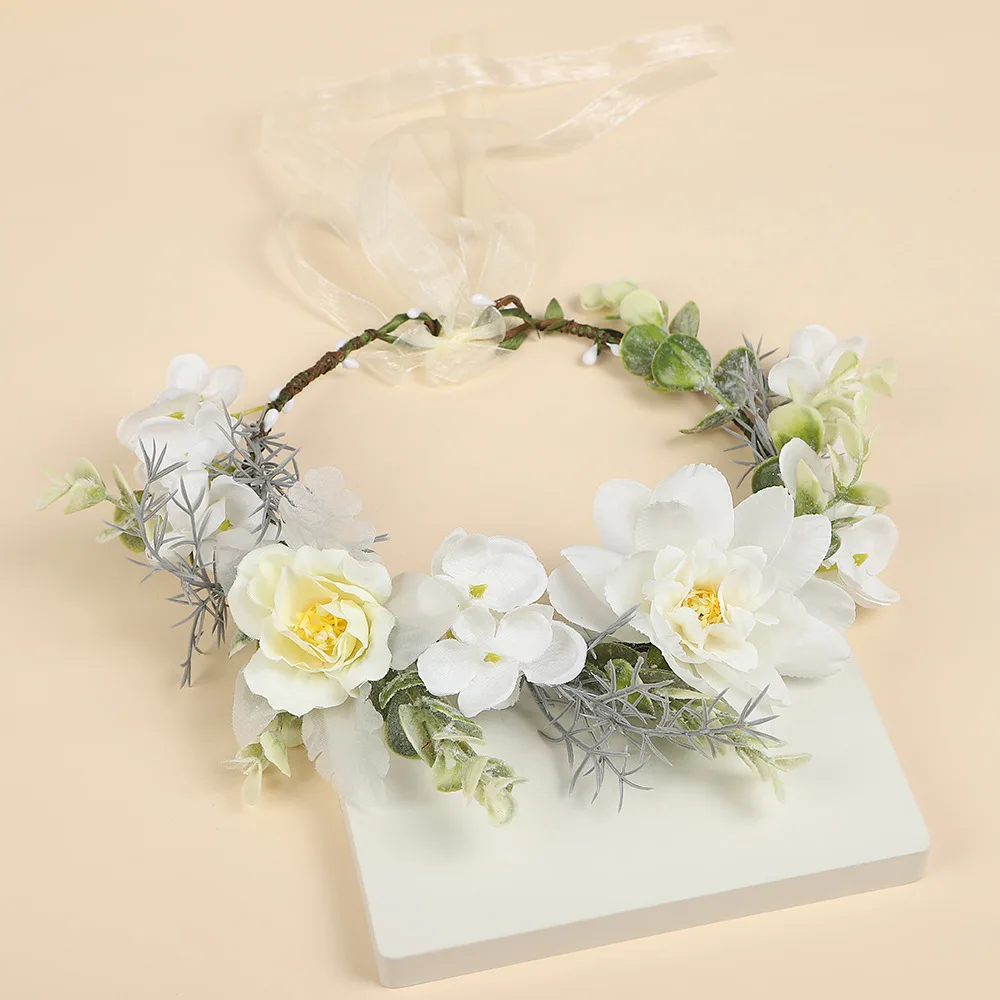 

Bridal Floral Wreath Hair Hoop – Pink White Retro Forest Style Headband with Fairy Aura, Wedding Photo Shoot Accessory