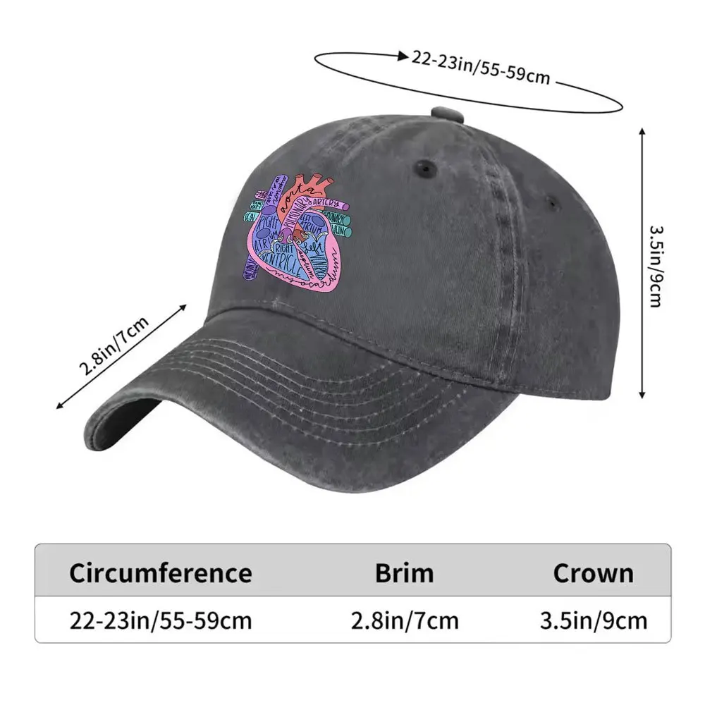 Exquisite Anatomical Heart Washed Baseball Cap, Adjustable Buckle Design, Lightweight And Breathable, All-Season Unisex, Suitabl