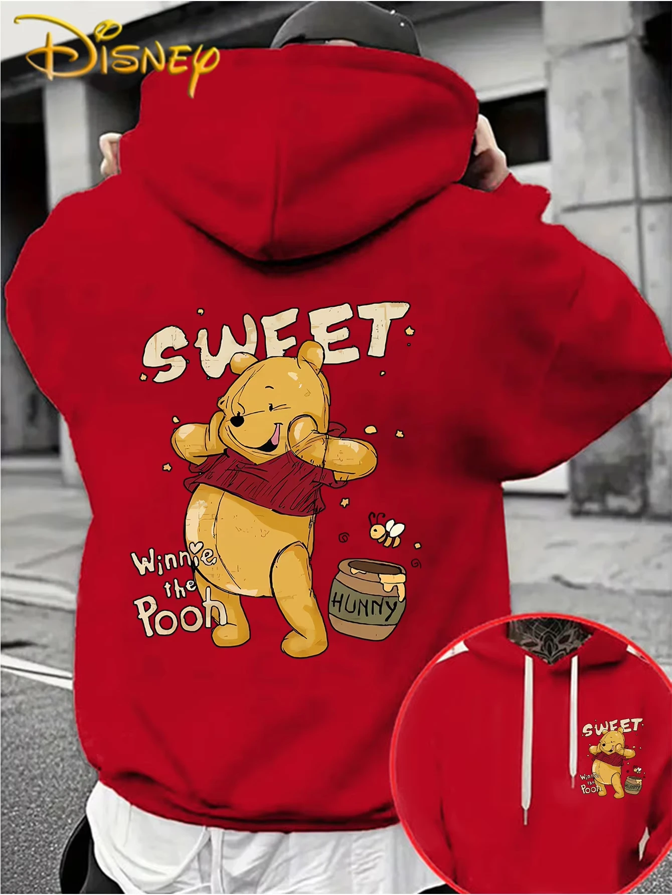 ديزني ويني ذا بوه هوديي قطن أسود مع شخصية حمراء علوية وجه مبتسم النحل وعاء عسل كبير الظهر طباعة أمامية صغيرة