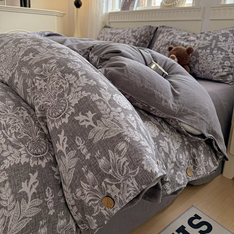 Retro Printed Winter Bedding Set Thickened Cotton Skin-Friendly Buttons Bedclothes Cozy Fitted Sheet Kits with Quilt Cover
