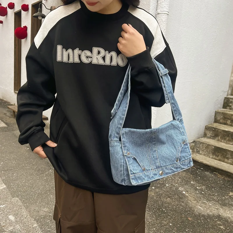 Women's One Shoulder Diagonal Straddle Bag Tote Bag Fashionable Denim Bag Solid Color Versatile Large Capacity Personalized