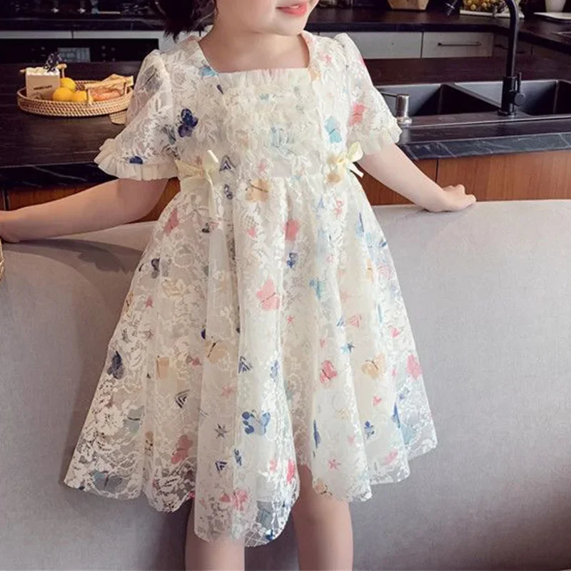 Korean Children's Clothing Summer Square Collar Patchwork Bow Short Sleeve Ruffles Girls Hook Flower Hollow Net Yarn Midi Dress