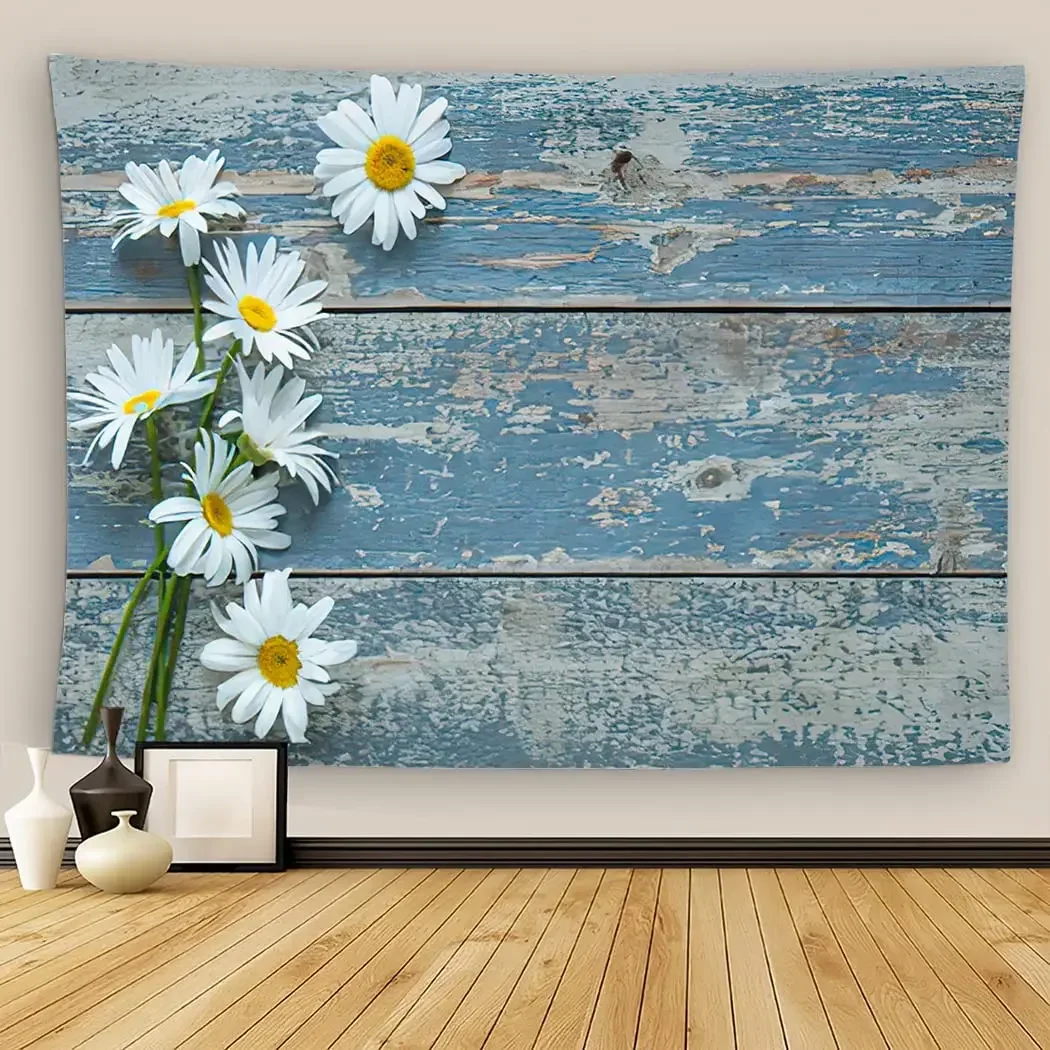 Vintage Planks with White Flower Tapestry Wooden Board Blue Nature Spring Tapestry Wall Hanging Living Room Bedroom Dorm Decor