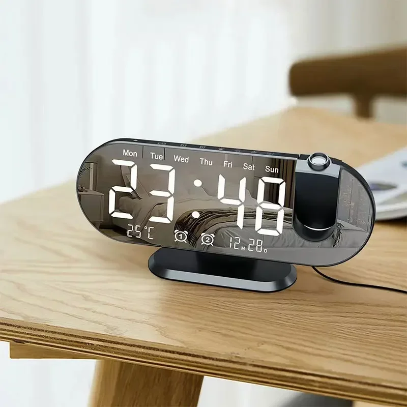 Projectable Alarm Clock with 180° Projection Time Projector Electronic LED Digital for Bedside Desk Decorations Home Alarm Clock