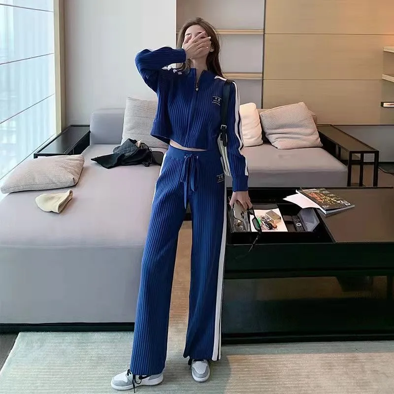 Knited Side Stripe Women Tracksuit Korea Casual Jackets Coats Tops Ensemble Lace-up High Waist Ankle Length Wide Leg Pants Suit