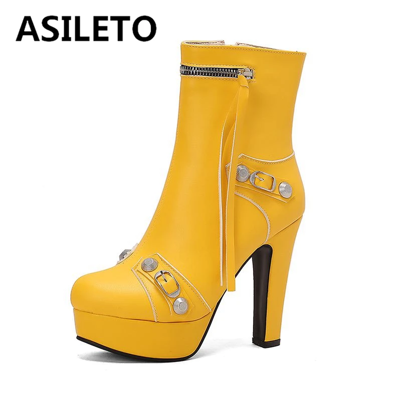 ASILETO Winter New Female Ankle Boots Round Toe Block Heels 12cm Platfrom Zipper Metal Decoration Big Size 49 50 Party Bota