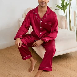 Men Sleepwear Autumn Pajama Sets Long Sleeve Tops with Trousers Pajama Pj Sets Soft and Comfortable Satin Pajamas Loungewear Set