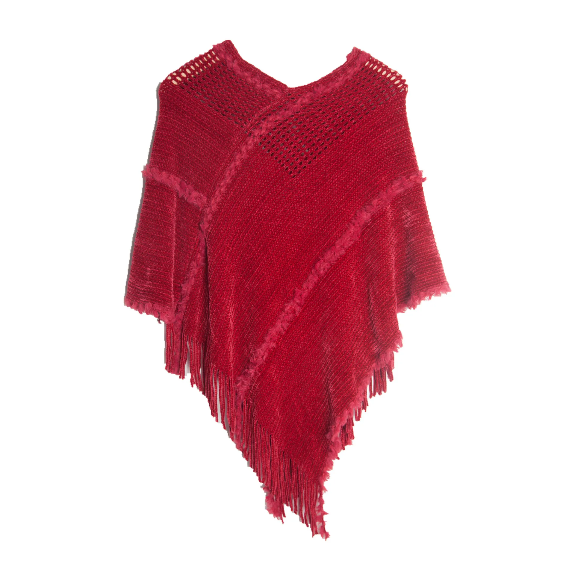 

Spring Autumn Pullover Shawl Knitwear Hollow Knitting Tassel Shawl Women Poncho Lady Capes Red Cloaks