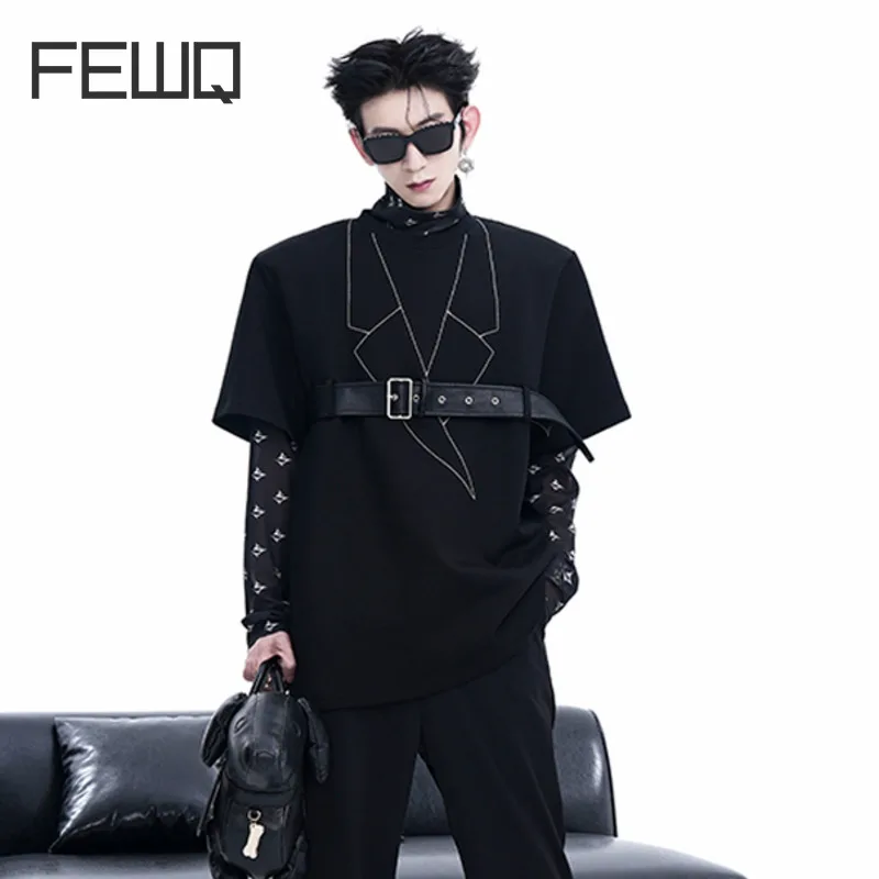 

FEWQ personality Tees 2024 Summer New Niche Design Shoulder Pad Short Sleeve American Retro Style Senior Sense T-shirt 24X9080