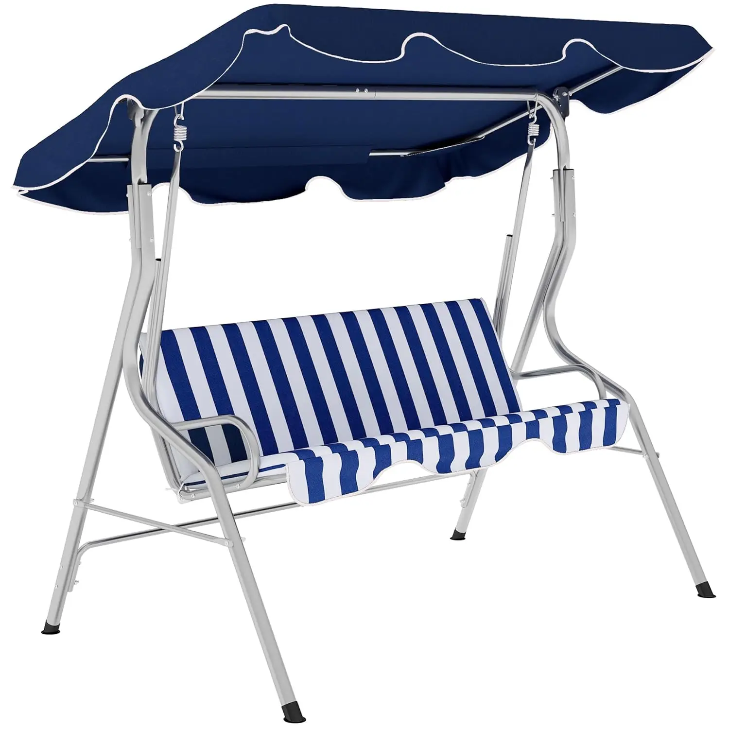 

3-Seat Porch Swing Chair Adjustable Canopy Cushioned Steel Frame Patio Garden Outdoor 265lb Dark Blue White Striped,Customized