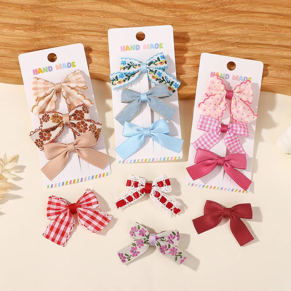 

3Pcs/Set Ins Sweet Cute Bows Hair Clip Fresh Printing Flower Checkered Hairgripes Lace for Girls Striped Yarn Barrette Gifts