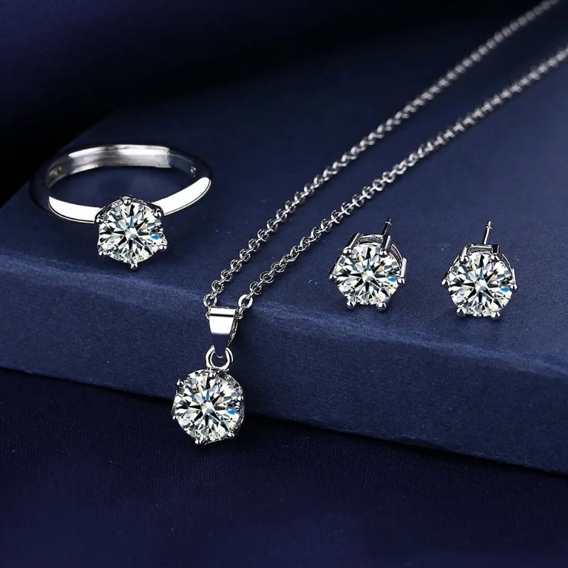 3Pcs/set Fashion Bridal Jewelry Set with Six Claw Colored Zirconia Necklace, Earrings, Wedding Accessories