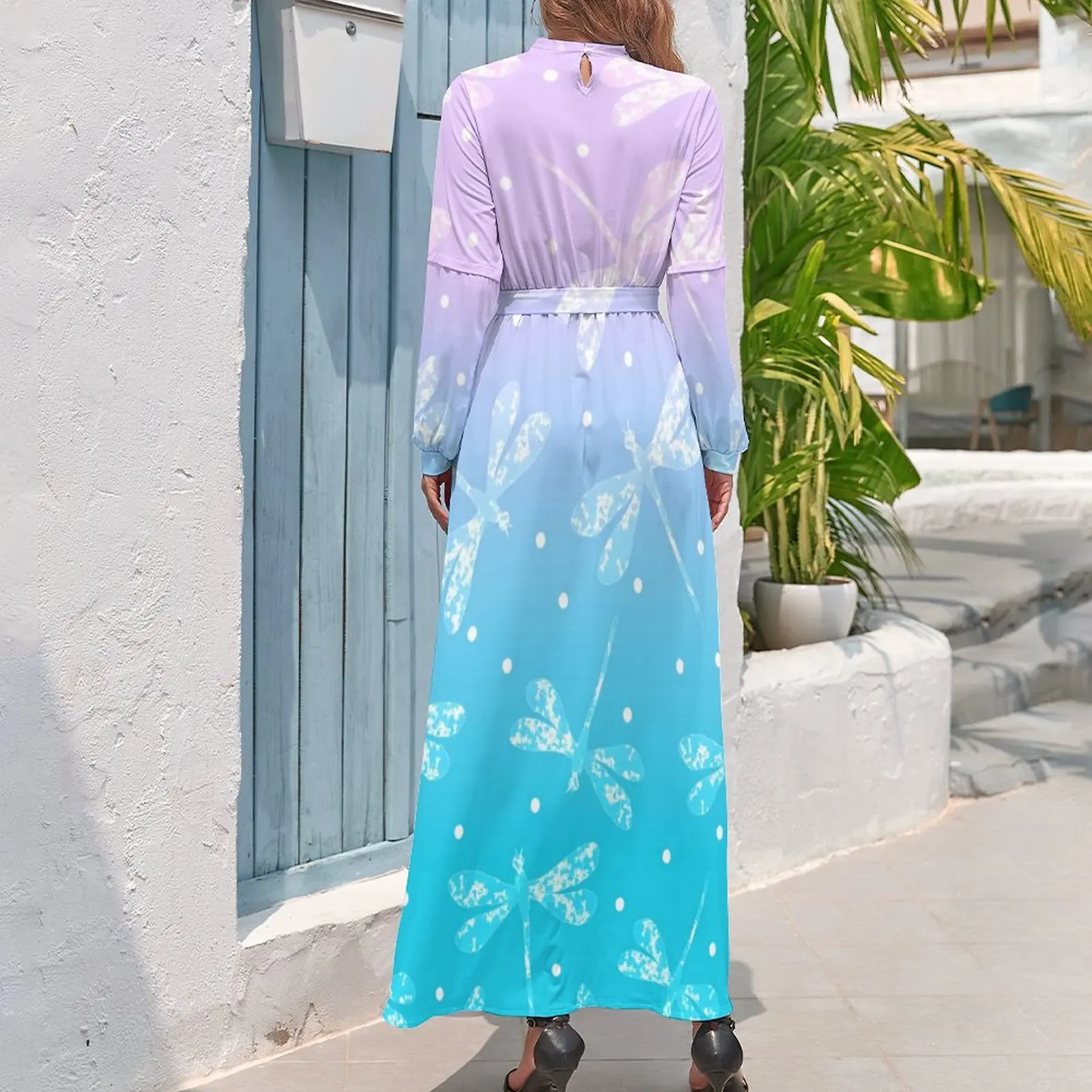 Pink Aqua Ombre Dress Dragonflies Print Elegant Printed Maxi Dress High Waist Long Sleeve Basic Boho Beach Long Dresses