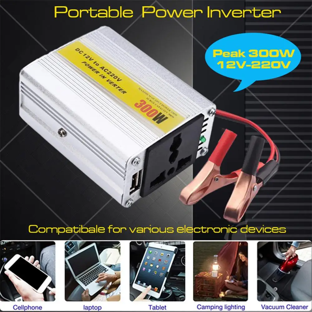 300W Power Converter Convertidor Inverter DC 12V AC 110/220V Car Inverter Automatic Transformer With Battery Clip Car Adapter