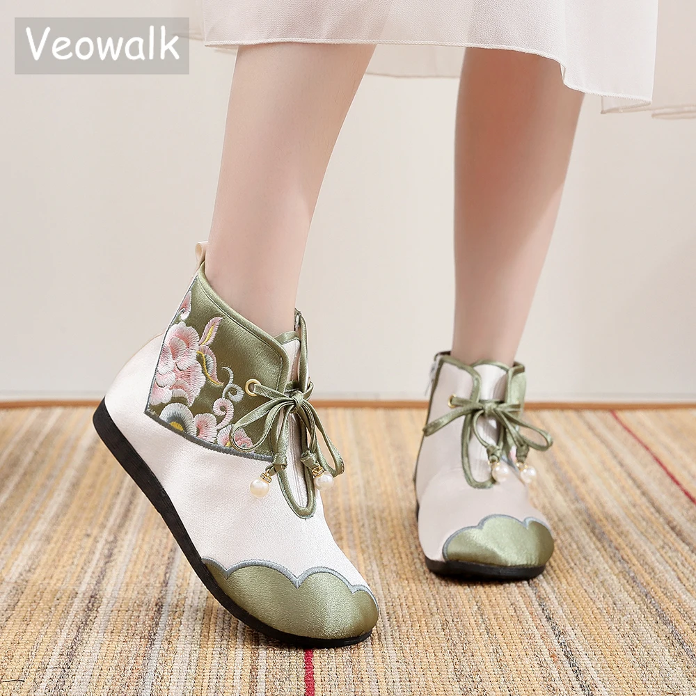 Veowalk Women Satin Cotton Fabric Embroidered Short Ankle Lace Up Boots Autumn Winter Comfortable Casual Flat Shoes Green Blue