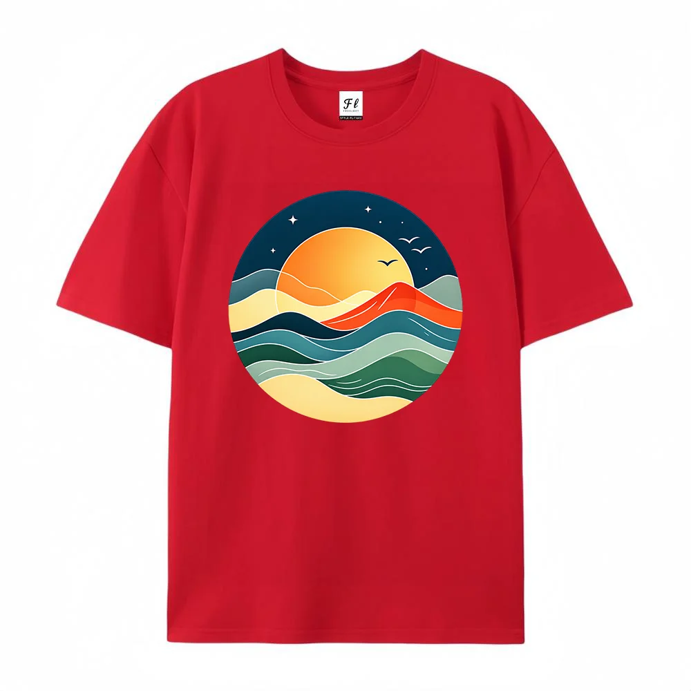Women Minimalist Ocean Wave Graphic T Shirt Abstract Sunset Sea Landscape Print Casual Summer Short Sleeve Top