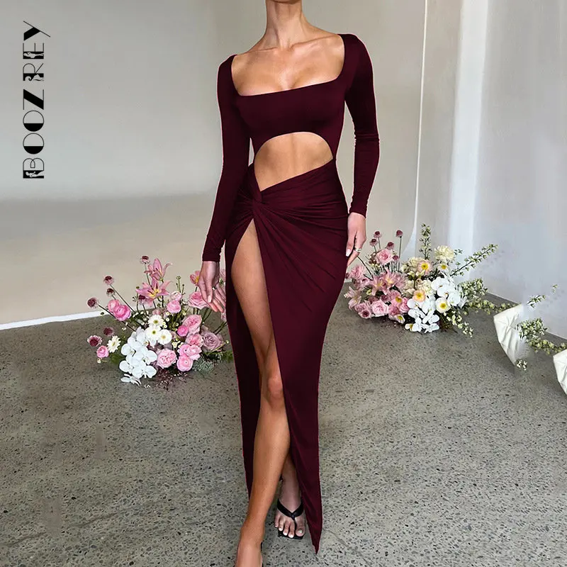 BoozRey Sexy Hollow High Split Maxi Dress per le donne Robe 2022 autunno manica intera increspato Club Party abito lungo abiti da sera