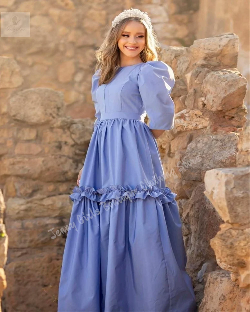 Customized A-line 2026 New Girls Gowns Elegant Round Neck Half-Sleeve Bridesmaid Dresses for Wedding Teens Pleated Satin Banquet