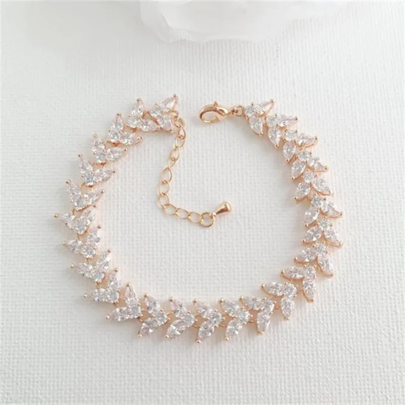 

Custom Rose Gold Bracelet For Wedding, Bracelet For Bride, Marquise Leaf Bracelet, Rose Gold Bride Jewelry For Wedding Day