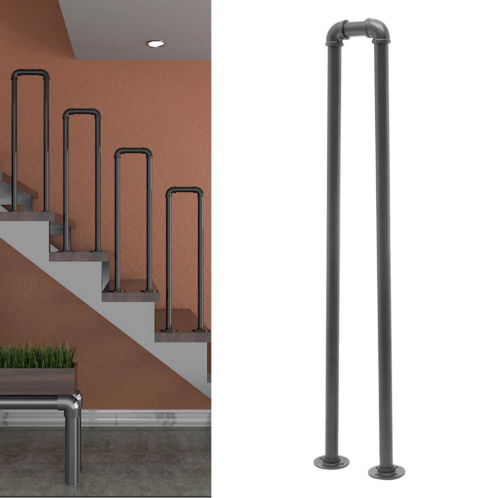 U-Shaped Stair Handrail Black 100cm/3.3ft Industrial Wrought Iron Railing Non-Slip Safety for Garden Loft Corridor Villa Hotel