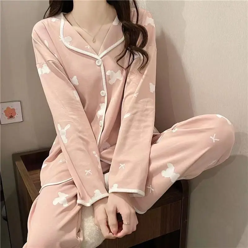 Lazy Style Simple Pajamas Set Women's Long Sleeved Spring Summer Loungewear New Solid Color V-neck Loose Sleepwear Thin Homewear