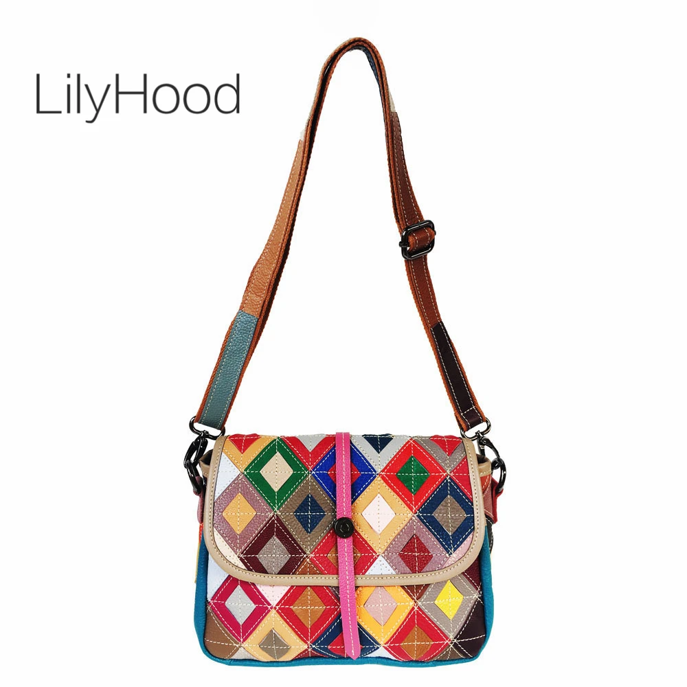 

Genuine Leather Diamonds Patchwork Side Sling Bag Multi Pockets Fashion Medium Size Cow Leather Pouch Crossbody Bag for Women