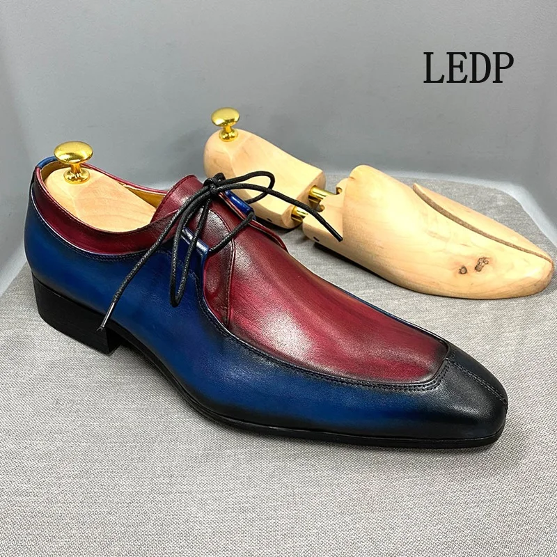 LEDP Brand Men's Cowhide Leather Business Dress Shoes 2024 New Explosive Casual Derby Color Low-top Lace-up Single Shoes