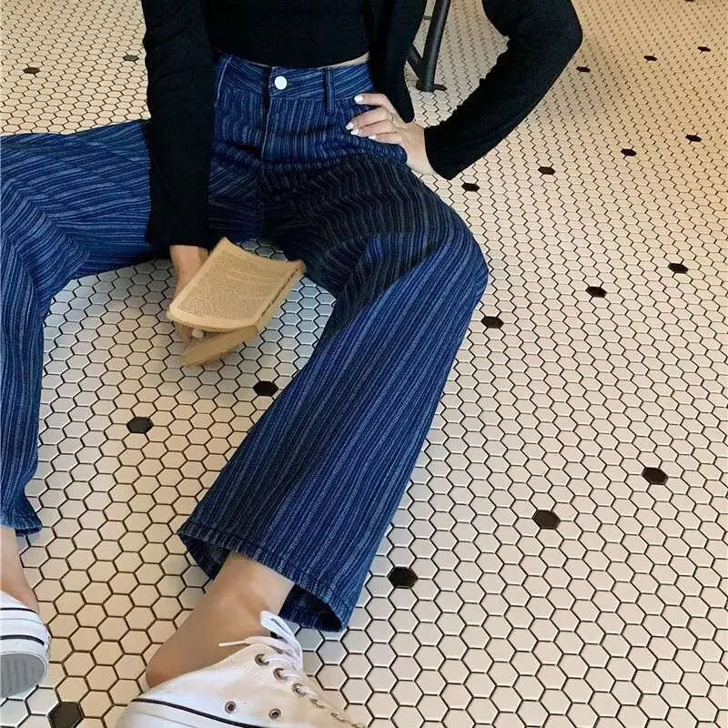 

Retro High Waist Straight Leg Denim Jeans Women's Spring New Loose Striped Design Versatile Narrow Version Wide Leg Pants