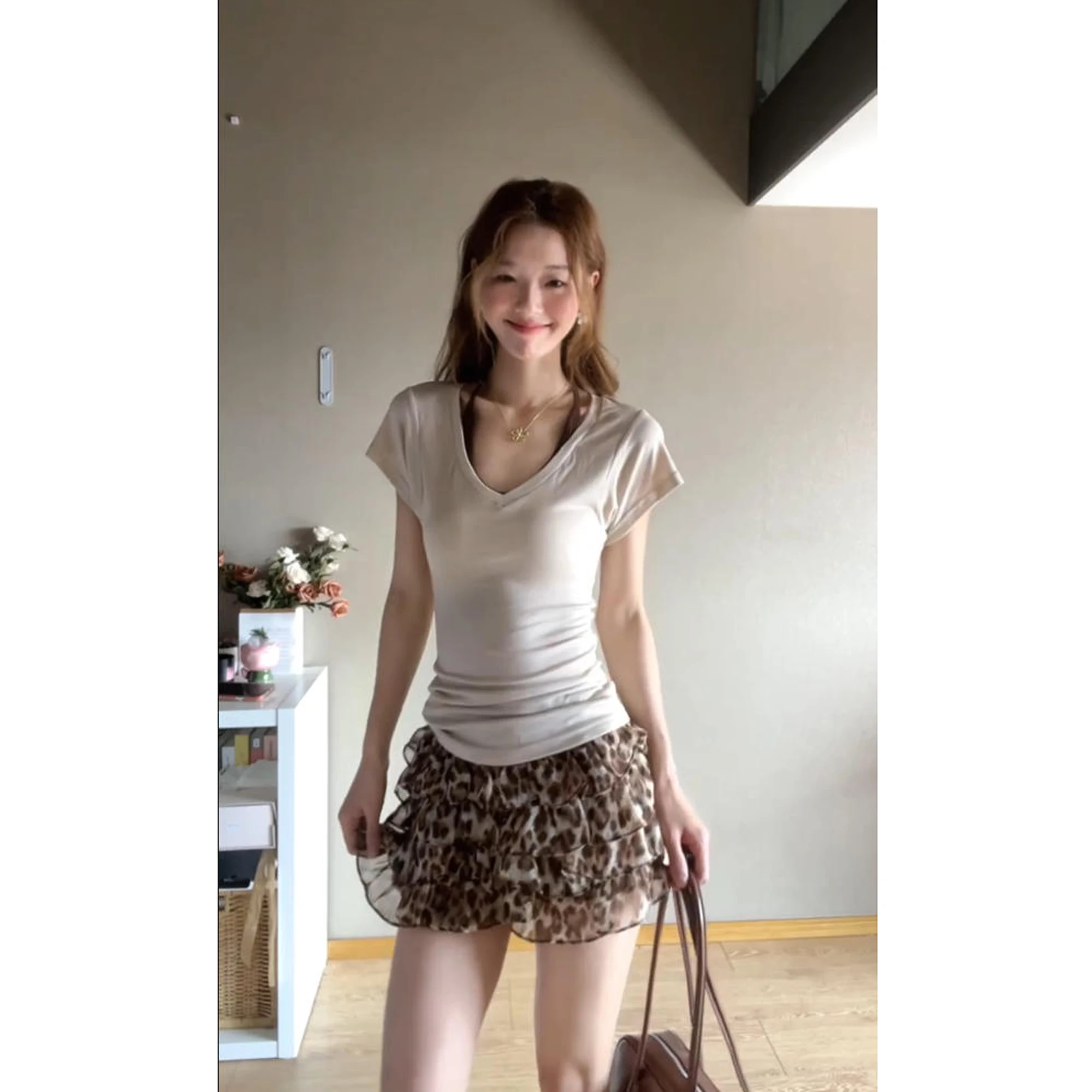 

Casual High Waist A-Line Skirt Women's Summer New Style Splicing Cake Short Skirt Chiffon Leopard Print Slimming Versatile Skirt