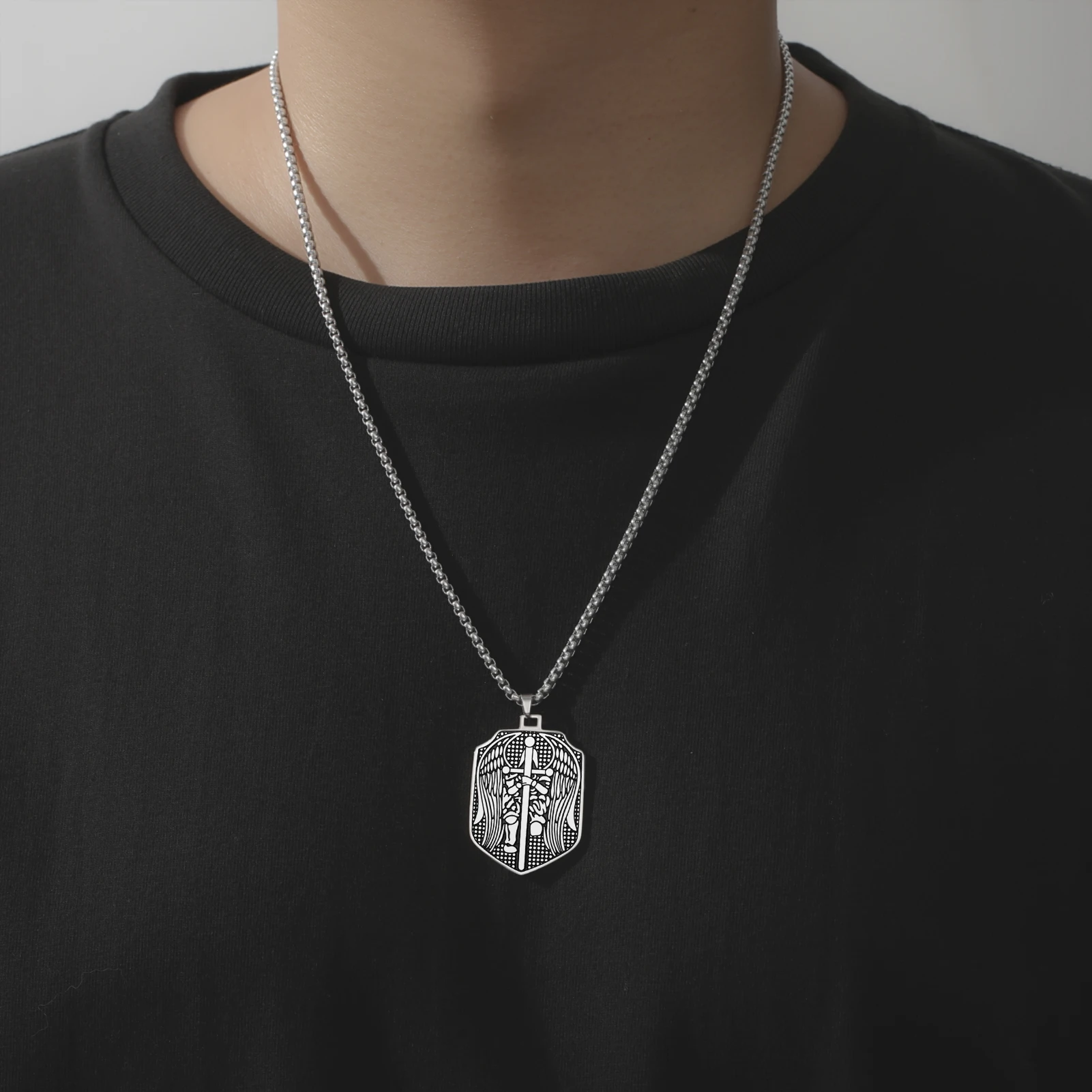 HIPEE Stainless Steel Archangel St. Michael Necklace Patron Saint of Police Sword Cross Shield Tag Rectangle Amulet Unisex Jewel