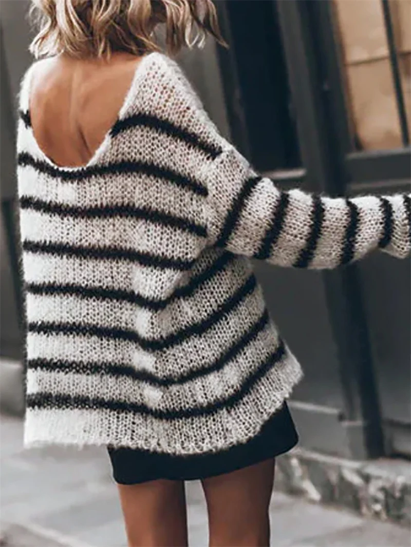 Autumn Winter Sexy Backless Striped Sweater, Fashion Women Pullover Knitted Top,  Female Jacket Long Sleeve Loose Casual Sweater